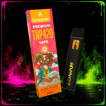 THP420 Vaper desechable Dosi Kush 79% 1ml: pimienta de limón, galleta y skunk con fondo diésel. Ficha con detalles y FAQs.